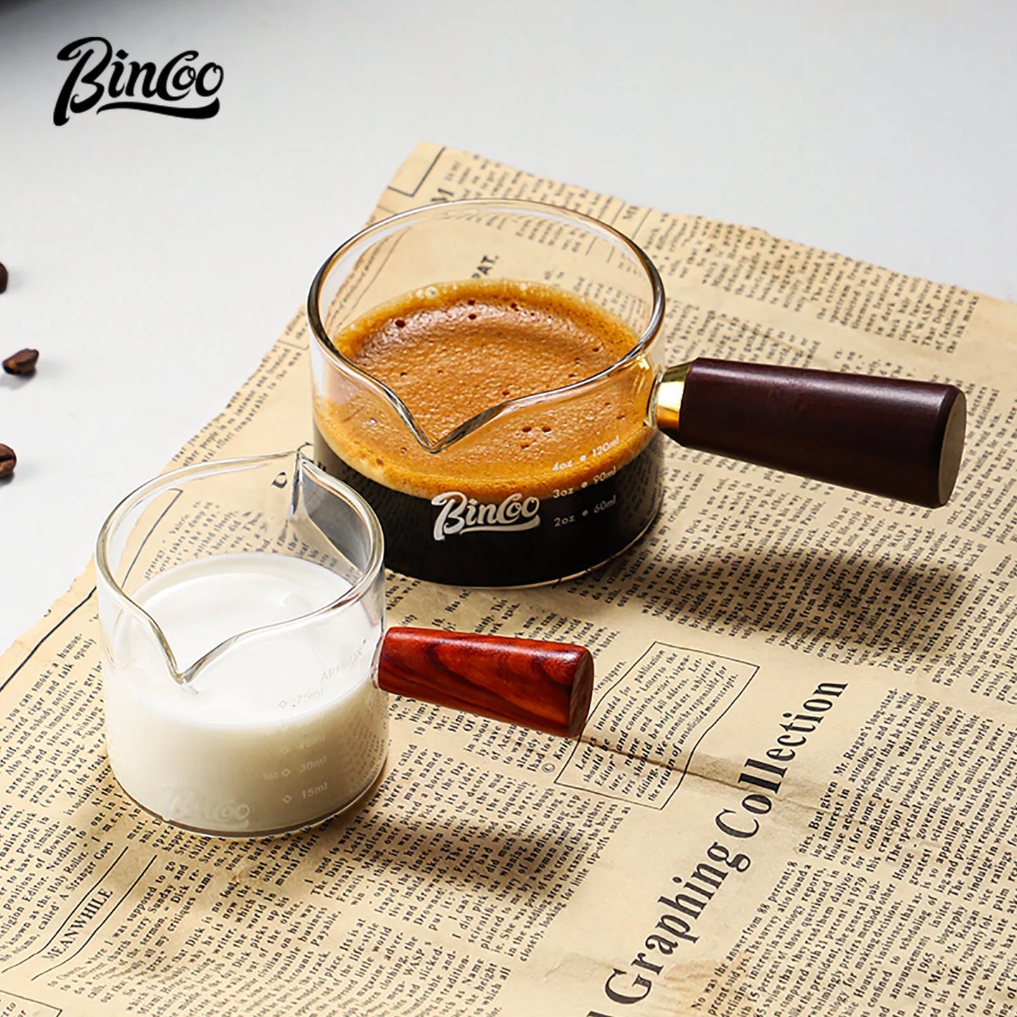 70/120ml Glass Espresso Measuring Cup with Wood Handle, Double/Single Spout