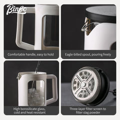 Bincoo 600ml French Press Coffee Maker (High Borosilicate Glass, Milk Frother, Barista Tool)