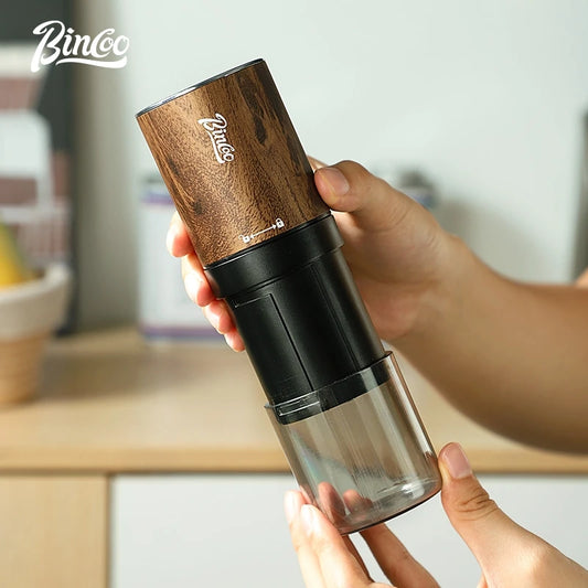 Portable Electric Coffee Bean Grinder with Steel Burrs, Wood Grain Finish