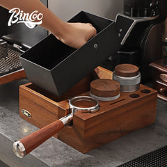Walnut Espresso Knock Box & Tamping Station – 51/58mm Multifunctional Coffee Tool Stand