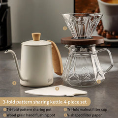 Glass Hand-Brewed Coffee Pot Set with Vertical Pattern and Filter Cup