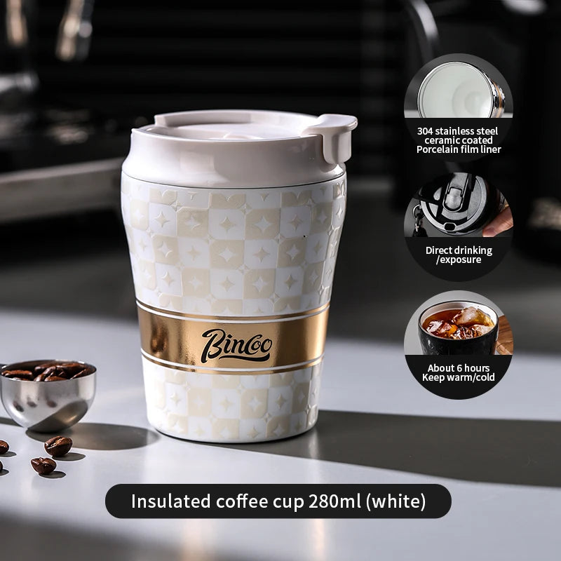 BINCOO 280/500ml Ceramic Double-Layer Coffee Thermos, Leak-Proof Travel Mug