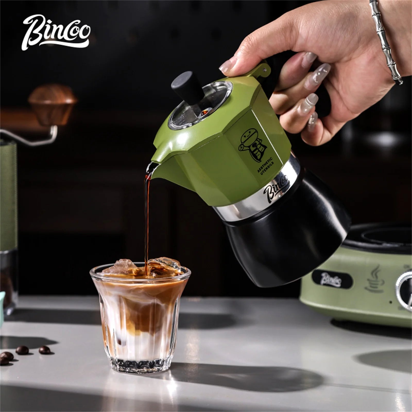 Bincoo Double-Valve Moka Pot Set with Electric Stove 220V