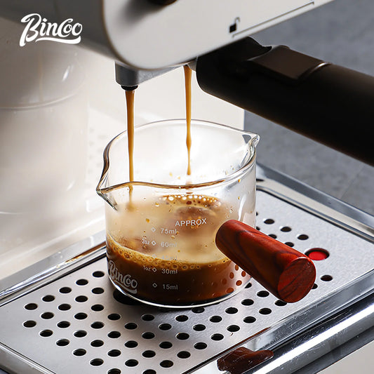 70/120ml Glass Espresso Measuring Cup with Wood Handle, Double/Single Spout