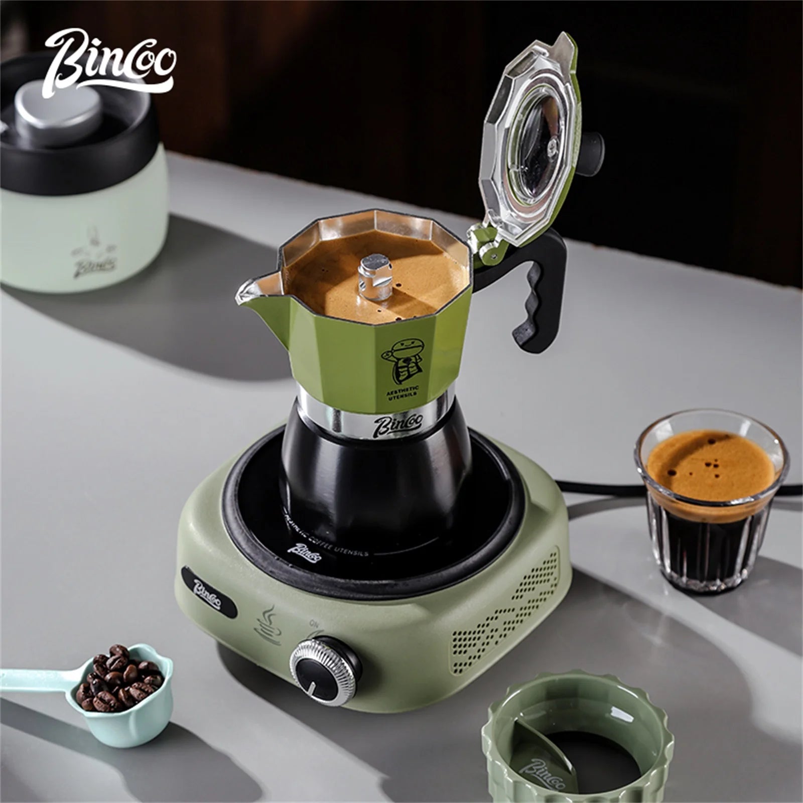 Bincoo Double-Valve Moka Pot Set with Electric Stove 220V