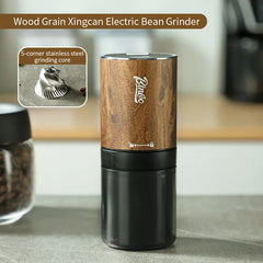 Portable Electric Coffee Bean Grinder with Steel Burrs, Wood Grain Finish
