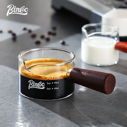 70/120ml Glass Espresso Measuring Cup with Wood Handle, Double/Single Spout