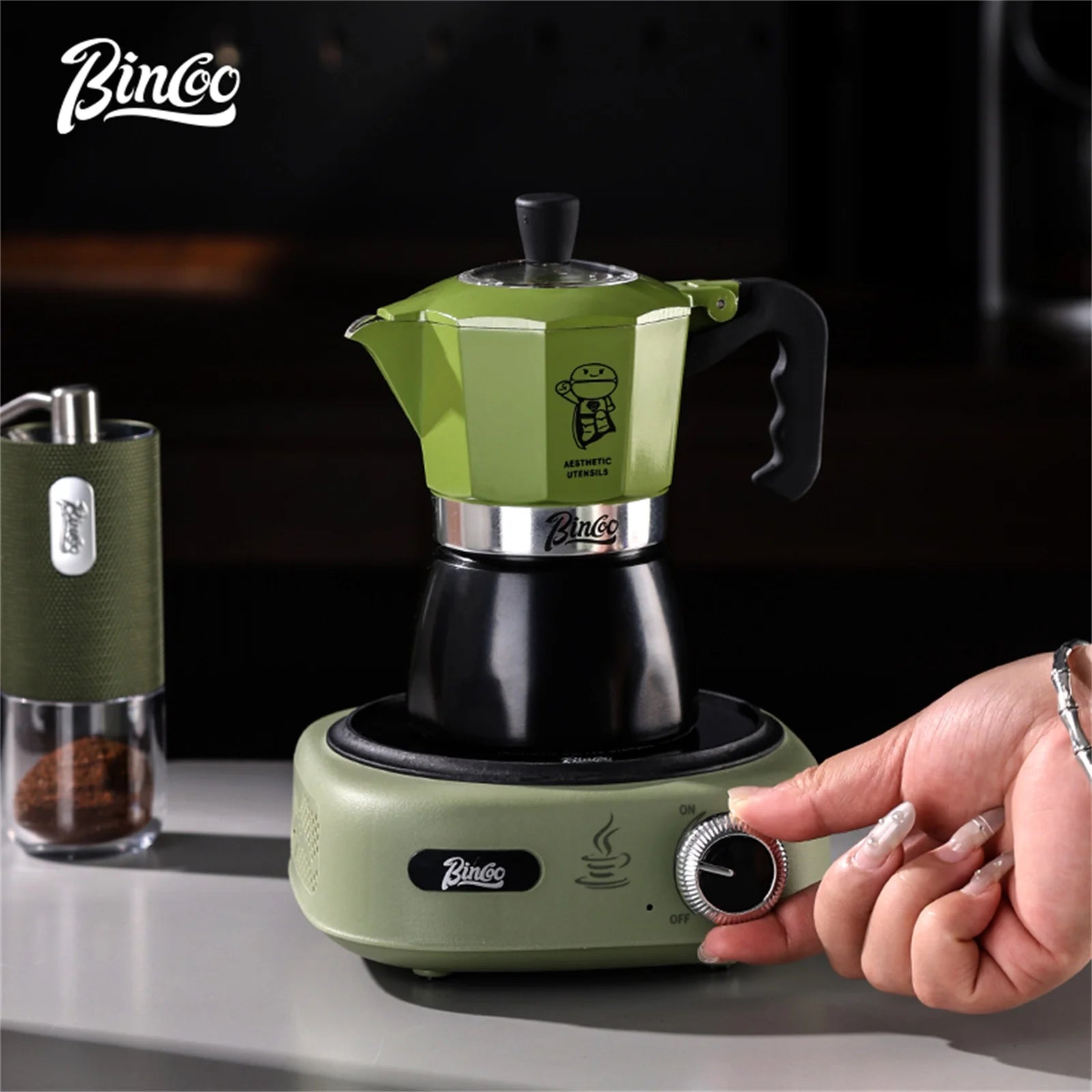 Bincoo Double-Valve Moka Pot Set with Electric Stove 220V