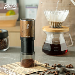 Portable Electric Coffee Bean Grinder with Steel Burrs, Wood Grain Finish