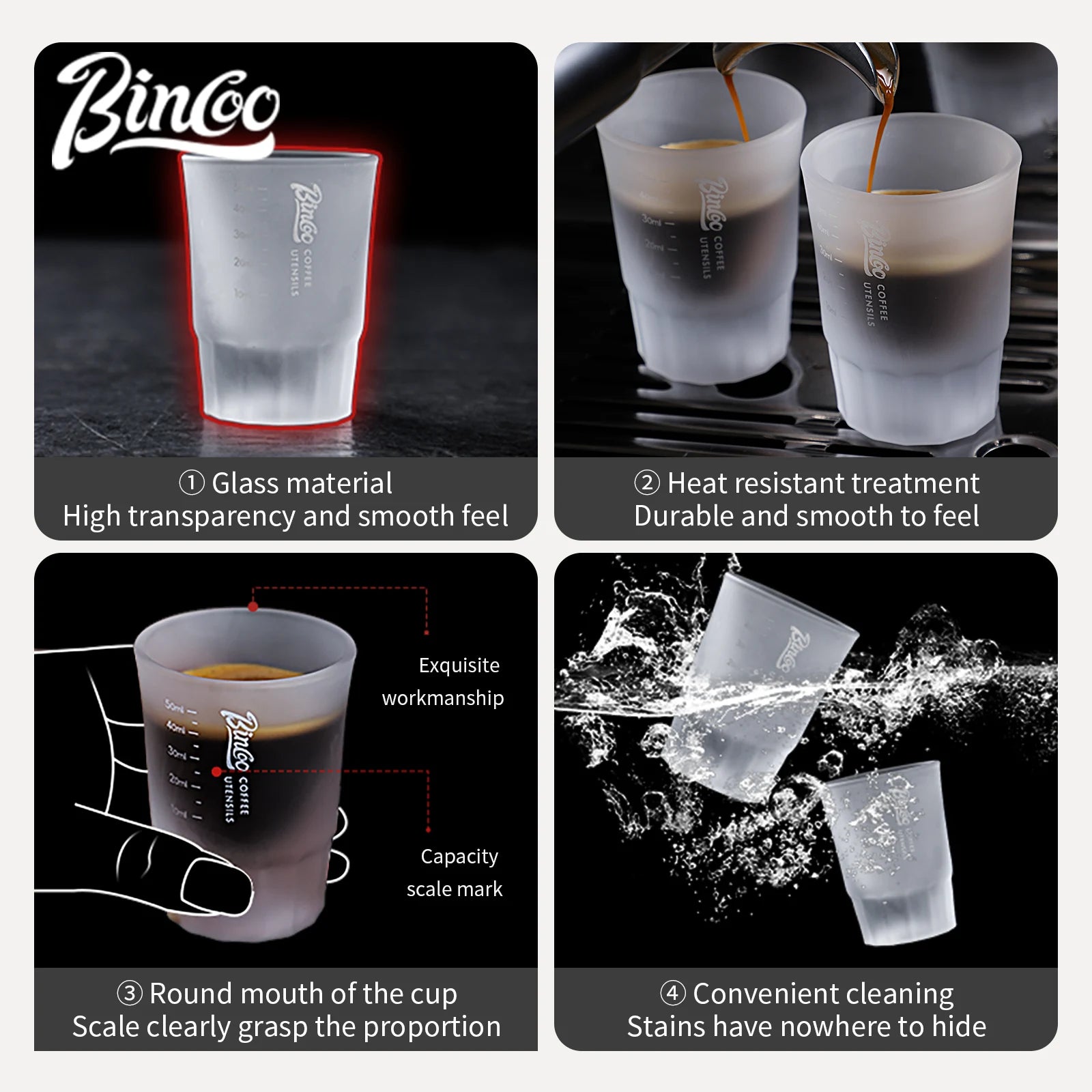 BINCOO 50ml Espresso Glass Measuring Cup – Clear Shot Glass for Coffee & Milk Frothing