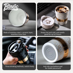 BINCOO 280/500ml Ceramic Double-Layer Coffee Thermos, Leak-Proof Travel Mug