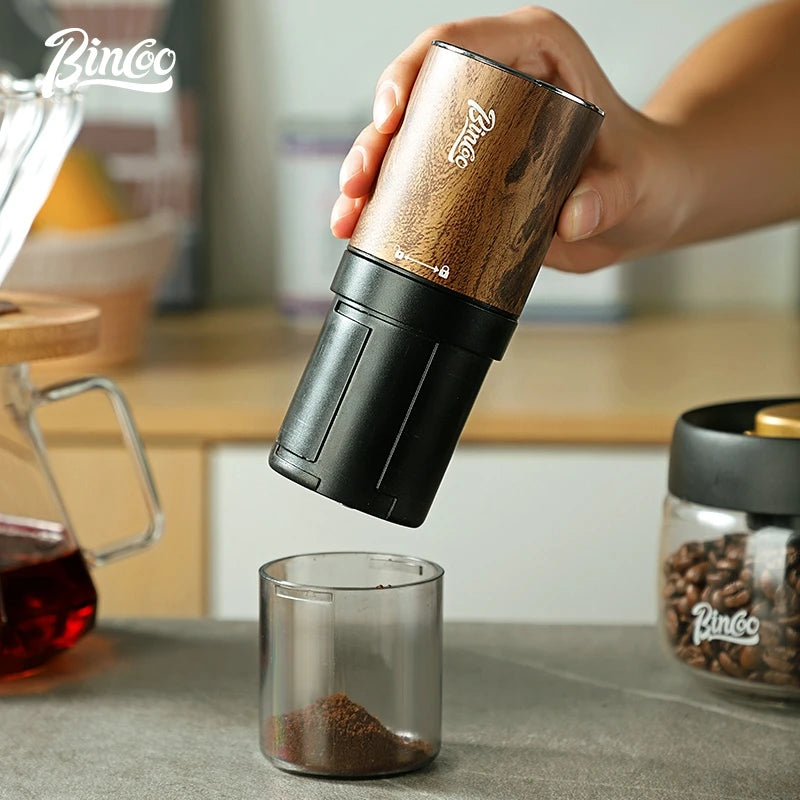 Portable Electric Coffee Bean Grinder with Steel Burrs, Wood Grain Finish