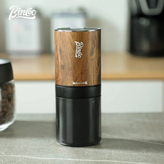 Portable Electric Coffee Bean Grinder with Steel Burrs, Wood Grain Finish