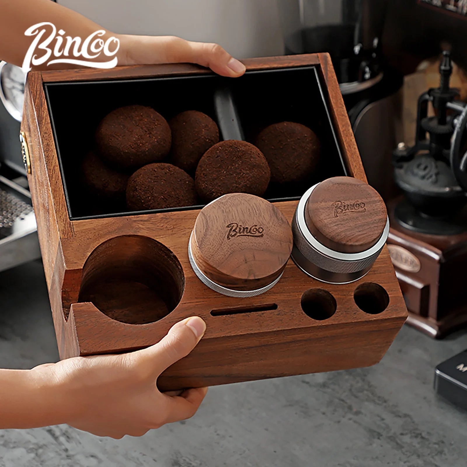 Walnut Espresso Knock Box & Tamping Station – 51/58mm Multifunctional Coffee Tool Stand